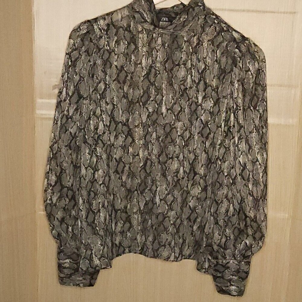 Zara Women's Snake Print Semi Sheer High Neck Blouse Medium